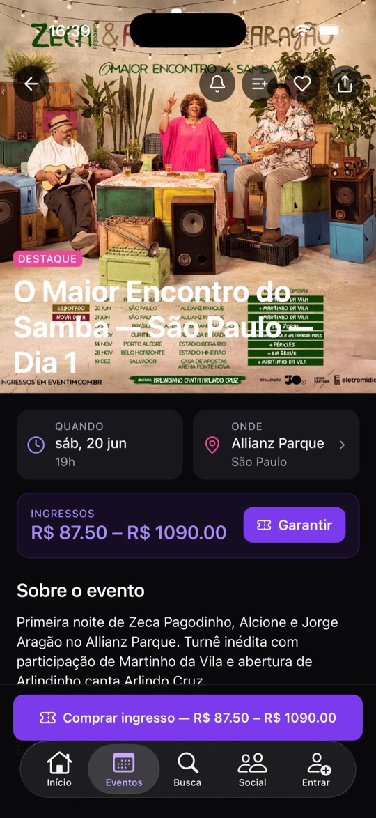 Tela de evento no aplicativo FESTAS